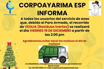 CORPOAYARIMA ESP INFORMA QUE EL RECORRIDO DE VEOLIA SE REALIZARA EL DIA VIERNES 19 DE DICIEMBRE 2025