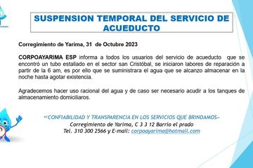 Atención. Suspensión del servicio de acueducto por tubo estallado en sector san Cristóbal.