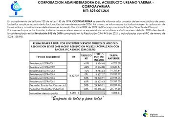 ACTUALIZACION DE TARIFAS DE ASEO