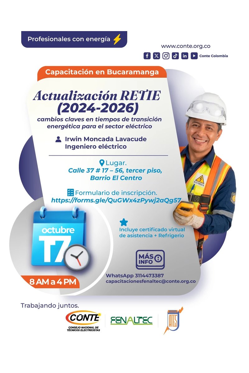 Afiche de la capacitación Actualización RETIE 2024-2026 en Bucaramanga, sábado 17 de octubre